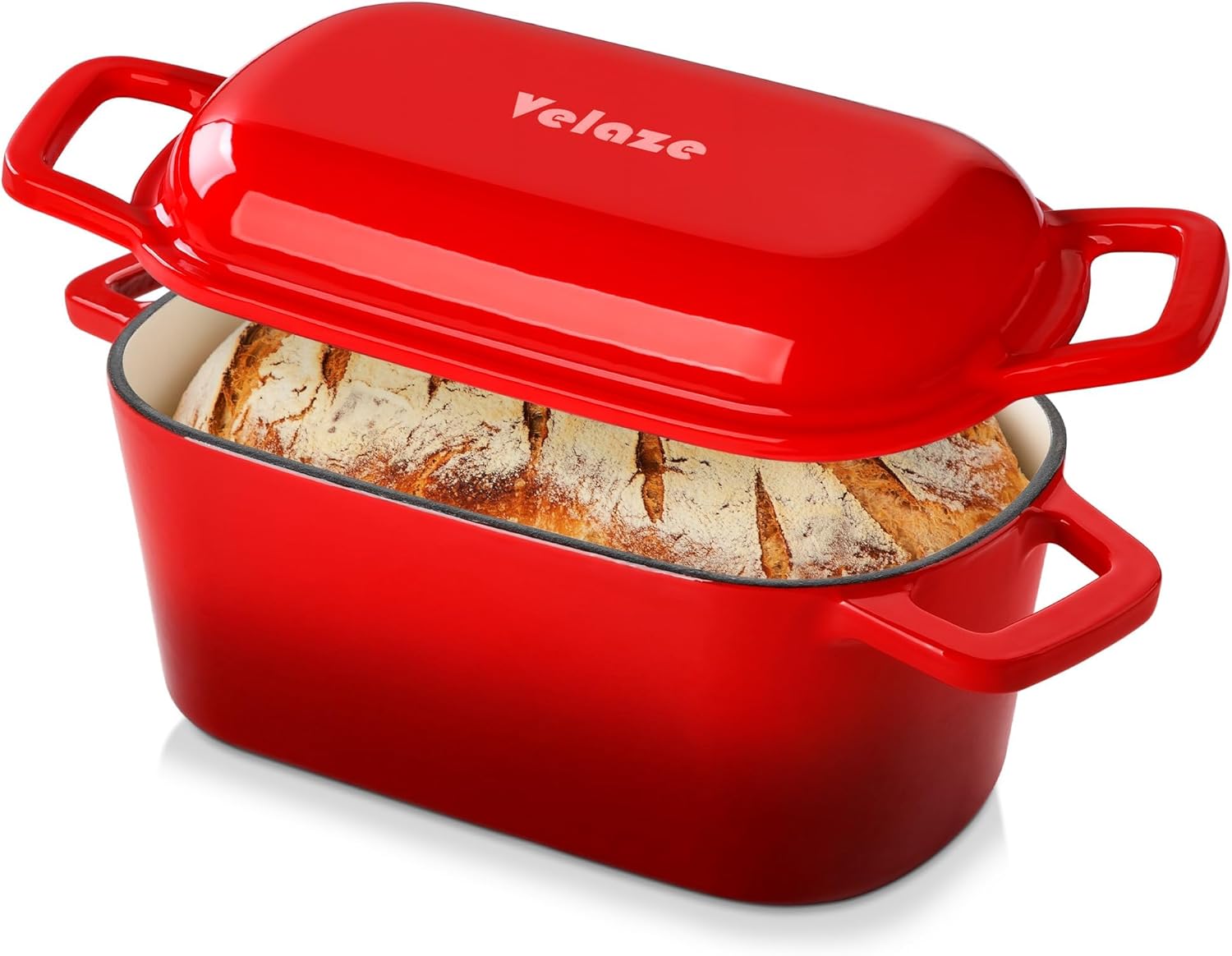 Velaze 3.6QT Dutch Oven - Enameled Cast Iron Bread Baking Pan with Lid & Offset Handles | Oven Safe to 500°F (Red)