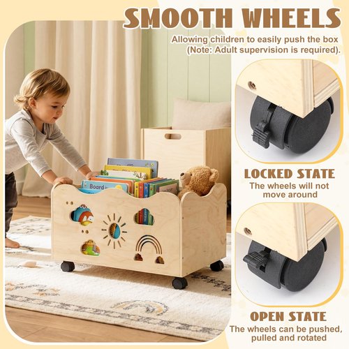 CroBlissful Kids Bookshelf with Wheels, 24" x 14.4" x 10.4" Scalloped Book Shelf for Kids Room Girls Boy Wooden Storage Trunk Mobile Wood Toy Box with Rainbow Pattern for Nursery, Classroom, Bedroom