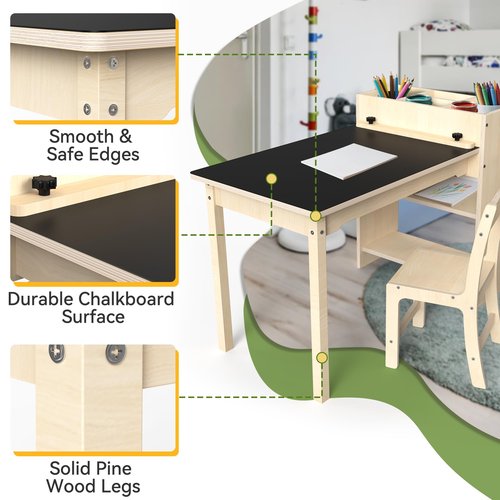 doowroodni Kids Art Table and Chair Set, Sturdy Beech Wood Study Desk for Children’s Drawing, Learning & Play - Multi-Functional Activity Table for Home,Toddler Desk with Storage and 1 Chair