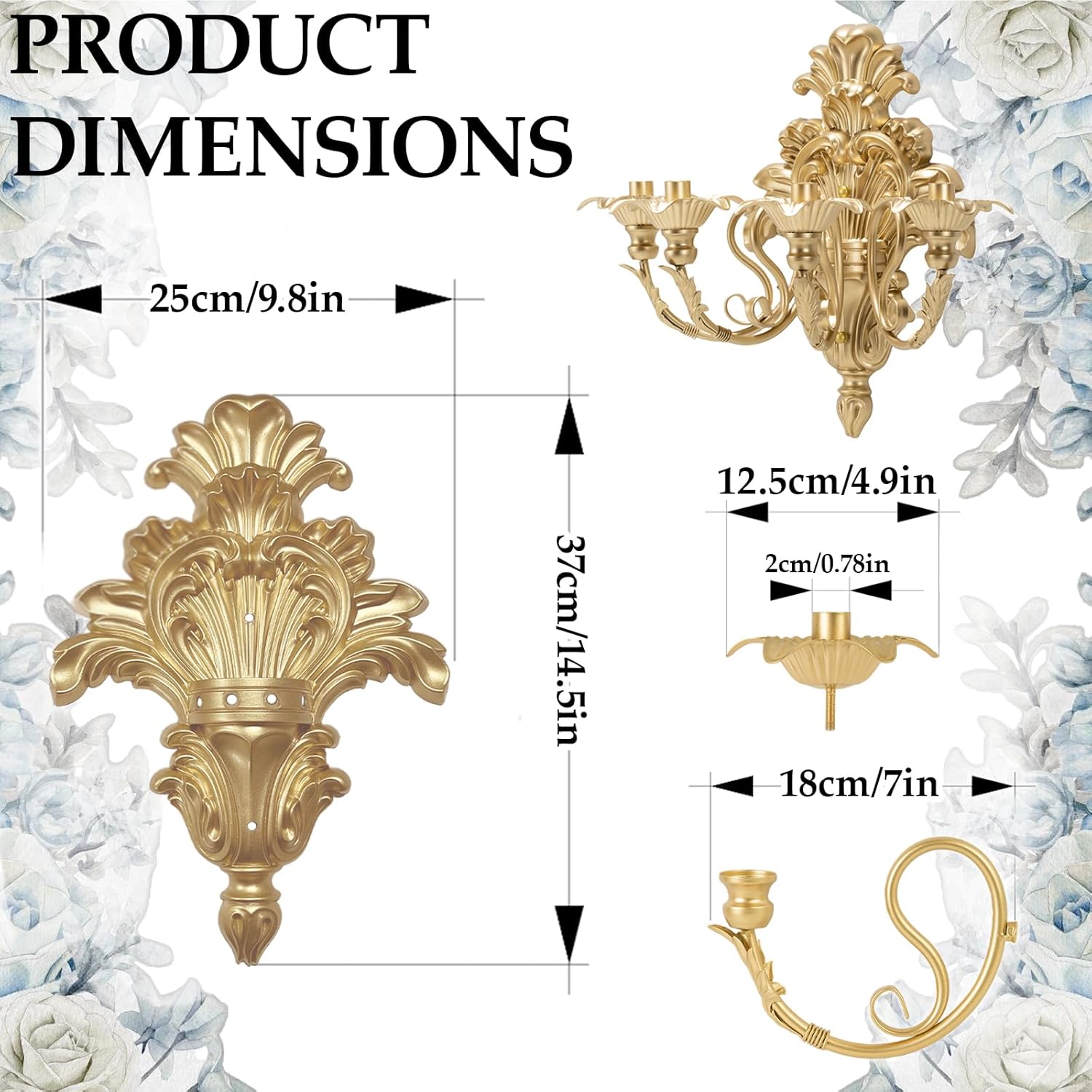 Roman Fountain Wall Sconce - 4-Candle Gold Baroque Candelabra | Antique Metal Tapered Candle Holder for Victorian Decor