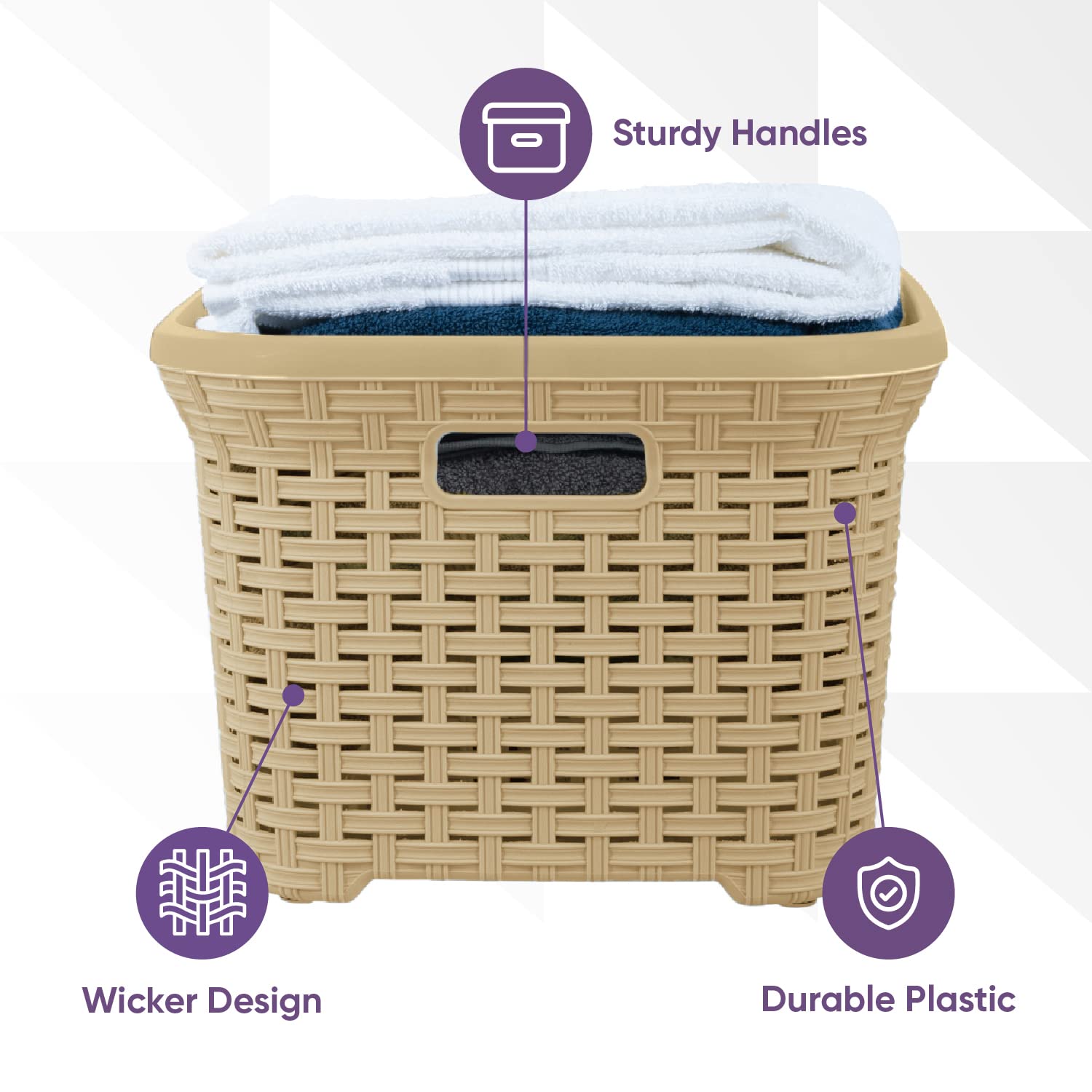 Superio Laundry Basket Plastic Storage Hamper Basket, Beige Cloths Basket Organizer with Cut-Out Handles. Space Saving for Laundry Room Bedroom Bathroom, Wicker Design 50 Liter (2 Pack)