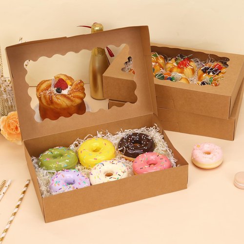 Moretoes 15pcs Bakery Boxes, 12x8x2.5 Inches Auto-Popup Cookie Boxes with Windows for Chocolate Covered Strawberries, Donuts, Pastries (Brown)
