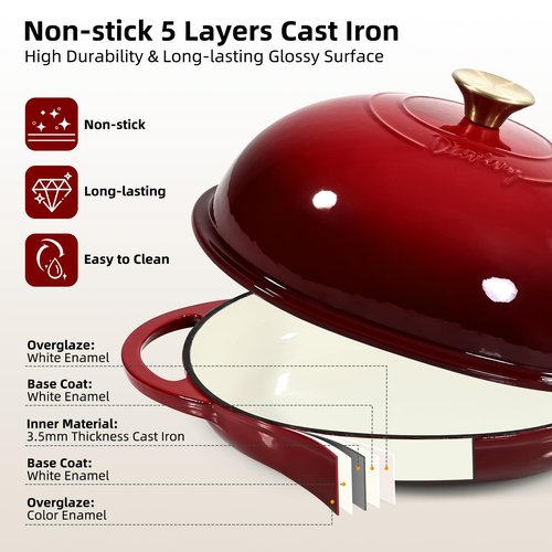 Davivy 6QT Oval Cast Iron Sourdough Dutch Oven with Silicone Oven Mitts, Bread Dutch Oven for Sourdough Bread Baking 6QT, Cast Iron Bread Cloche Loaf Pan with Domed Lid - Ruby Red