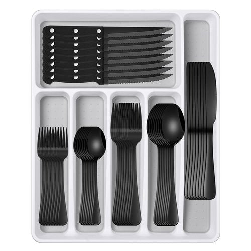 Black 49 Pieces Stainless Steel Flatware Sets With Organizer,Black Silverware Sets With Steak Knives Service For 8,Black Tableware Cutlery Sets For Home Kitchen