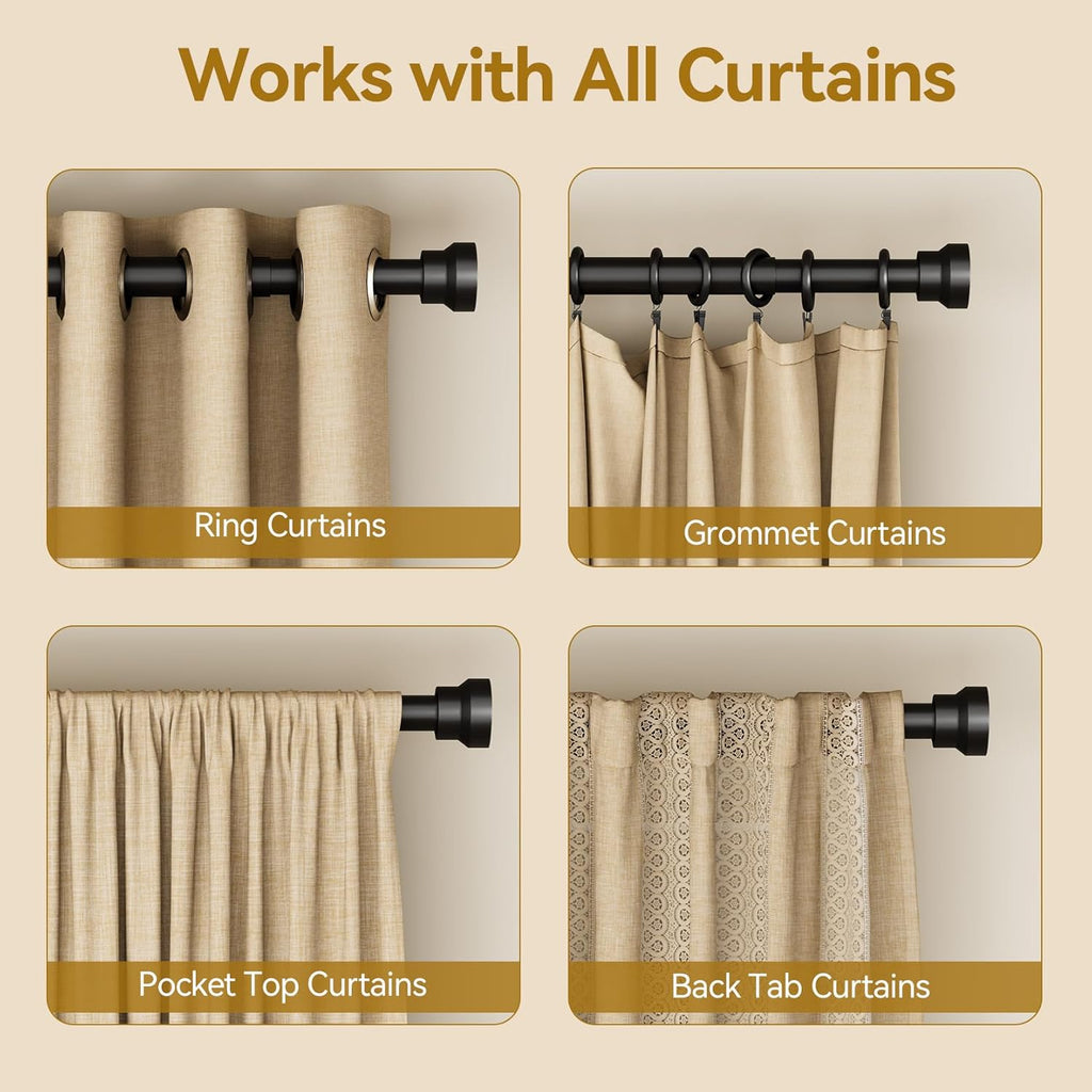 YaFex Curtain Rods - Heavy Duty 1 Inch Adjustable Window Treatment Rods | 32-170 Inch, Modern Black Design