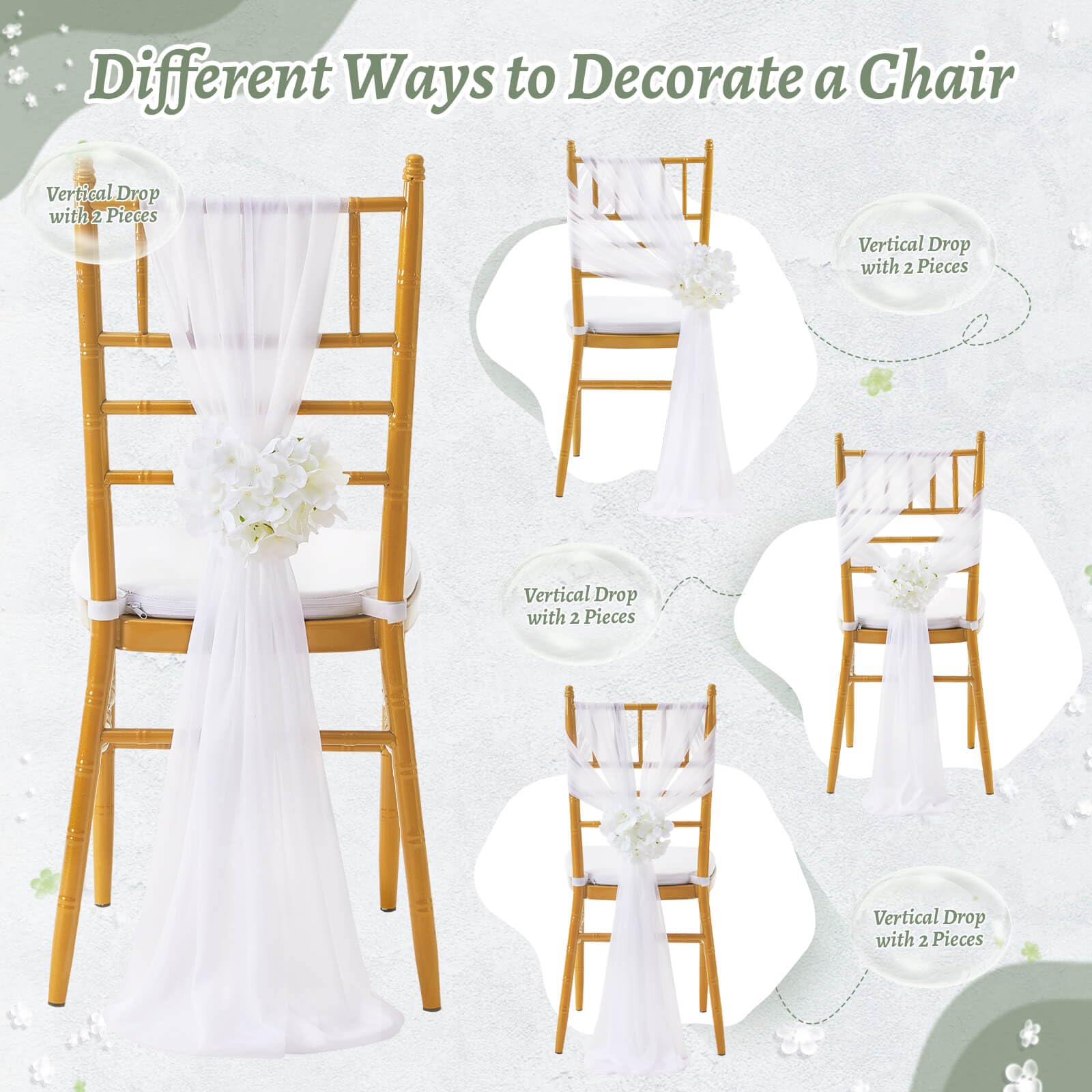 SoarDream White Wedding Chair Sashes, 16 Pack Sheer Tulle with Artificial Hydrangea Accents for Ceremony & Reception Home Chair Decorations