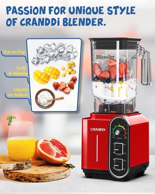 CRANDDI Smoothie Blender - 1800 Watt Professional Blender with 52oz Capacity, Stainless Steel Blade & Self-Cleaning | K98C Red