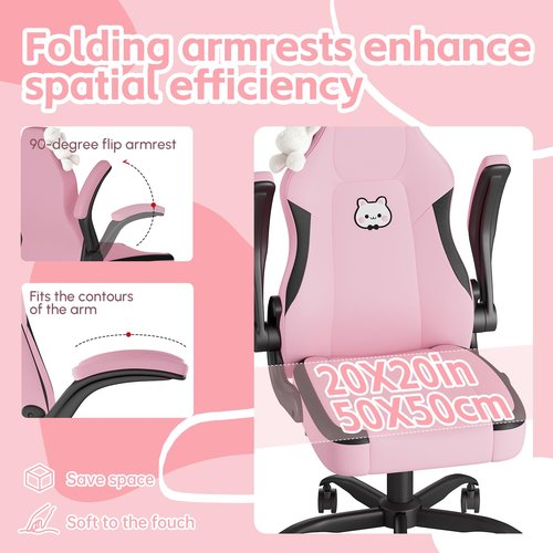 Submi Pink Gaming Chair, Ergonomic Desk Office Chair with Lumbar Support, Computer Chair with Flip-up Armrests, Comfy Task Chair for Girls Women, Cute PC Video Game Chairs, PU Leather, Teens, Pink
