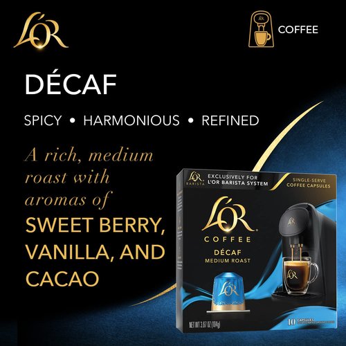L'OR Coffee Pods, 10 Count DECAF Medium Roast, Single-Serve Aluminum Coffee Capsules Compatible with the L'OR BARISTA System, 10 Count (Pack of 1)