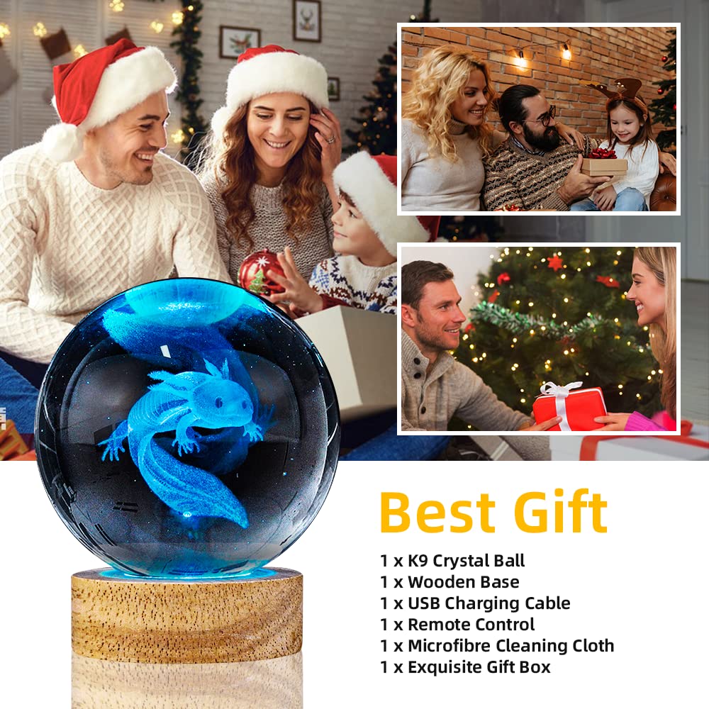 YYLZEPHB 3D Axolotl Crystal Ball Night Light with 16 Color LED Wooden Base, Upgraded 3.15 Inch Axolotl Glass Ball Lamp with Remote Control Cool Desk Decor Gifts for Kids Girls Boys Friends Fans