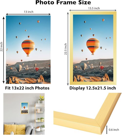 JCJMY 13x22 Gold Picture Frame - Versatile Horizontal & Vertical Wall Hanging for Posters & Photos