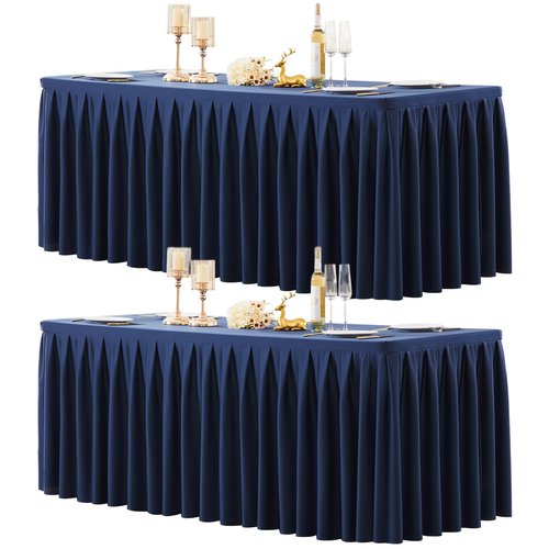 2 Pack Navy Blue Rectangle Tablecloth 8 FT Stretch Spandex Fitted Table Cloth for 8 Foot Rectangle Tables Banquet Tablecloths Wrinkle Free Table Cover Skirt Stitch Ruffle Tablecloth for Party Wedding