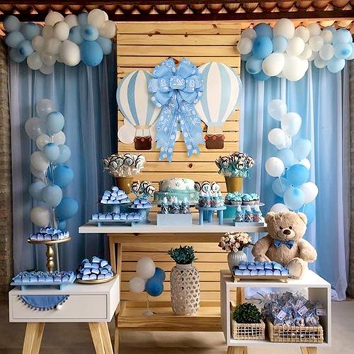 Montekin Large Baby Shower Bows - 20x11 Inch Wired Burlap Wreath Bow for Boys & Girls | Spring Decor (Blue)
