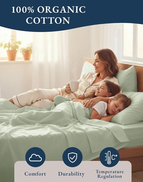 LANE LINEN 100% Organic Cotton Queen Sheet Set - Soft, Breathable Percale Weave | Deep Pocket, Hotel-Quality - Mineral
