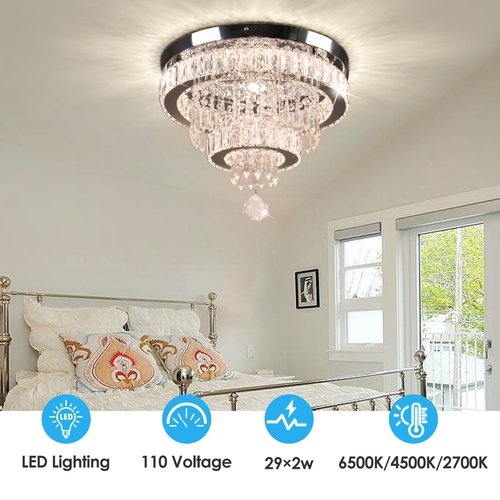 Cainjiazh Crystal Chandeliers Modern Crystal Chandelier Flush Mount Ceiling Light Fixture with Remote Control for Bedroom Dining Room Living Room (16 inch Dimmable)