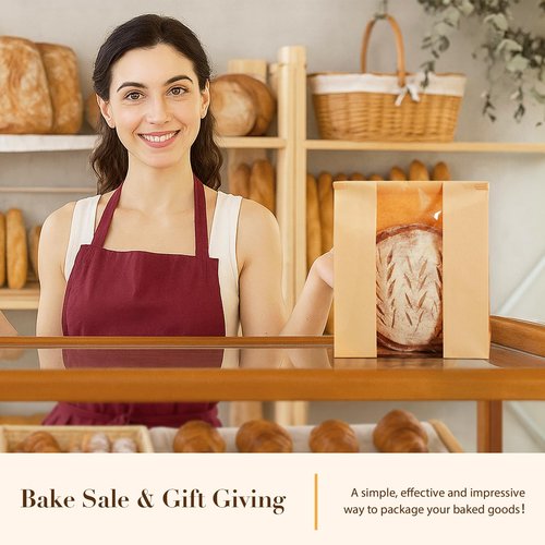 200 Pack Paper Bread Bags with Tin Tie Tab for Homemade Bread, Large Bakery Bag with Window Round Sourdough Loaf Bags for Bake Sale and Gift Giving (8.3x3.5×13 Inches)