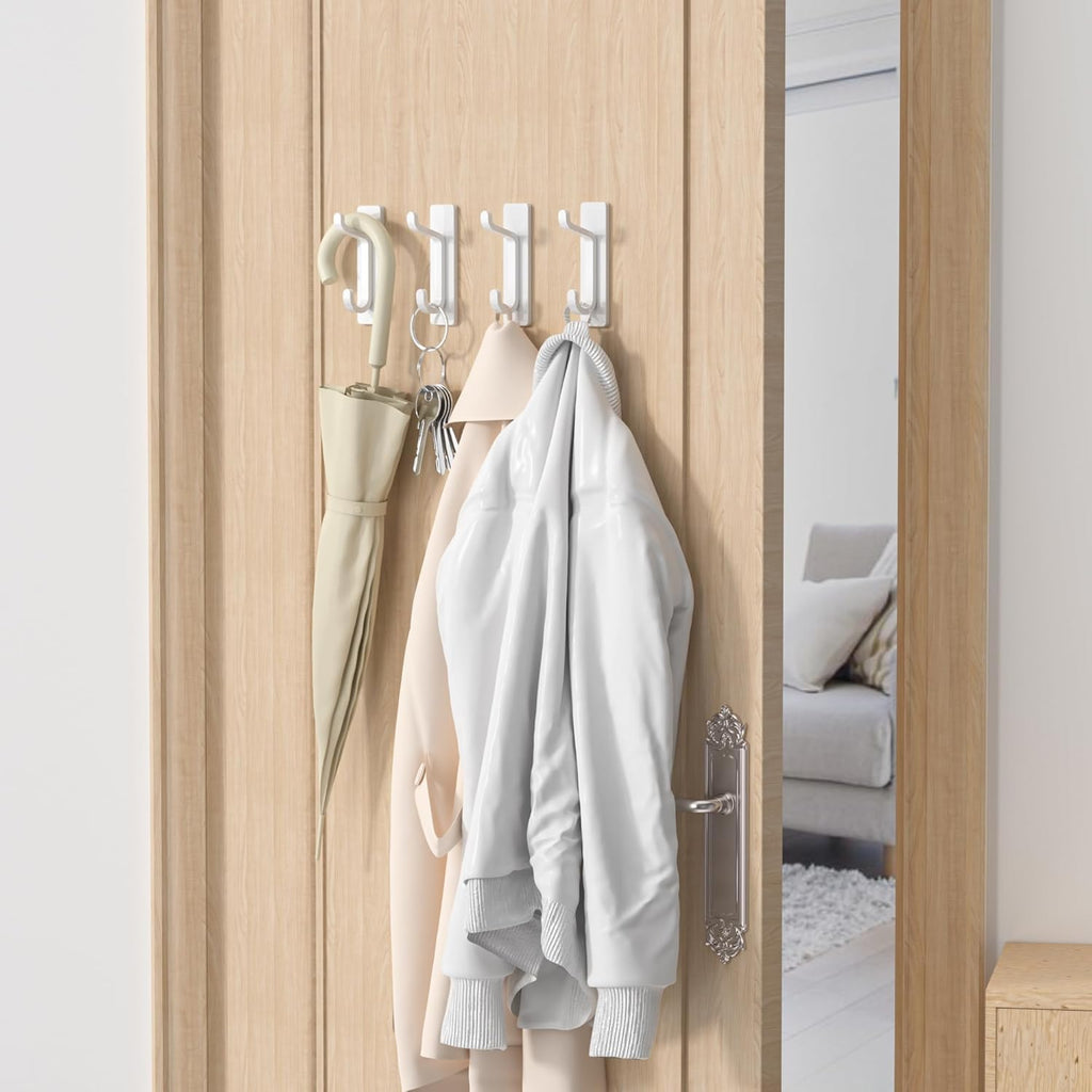 Pickpiff Wall Hooks - 13LB Strong Adhesive Coat & Towel Hangers | White 4-Pack for Easy Organization