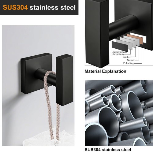 Matte Black Towel Hooks for Bathrooms, SUS304 Stainless Steel Shower Towel Hooks, Heavy Duty Robe Hook for Bathroom Kitchen, Square Coat Hooks for Hanging Towels,Coat,Robe&Sponge, Wall Mounted, 4Pack