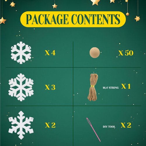 Oeyliz Christmas Snowflake Garland Wooden Christmas Snowflakes Decor 9PCS White Snowflake with Natural Color Wooden Beads DIY Winter Snowflakes Banner Garland Home Office Party Mantle Farmhouse Decor