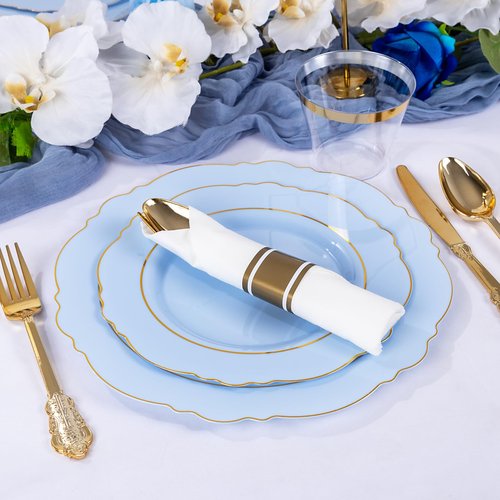 Liacere 175PCS Bule Plastic Plates - Disposable Ligh Bule and Gold Plates - Baroque Plastic Dinnerware 50Plates, 25Pack Pre Rolled Napkins with Silverware 25Cups for Baby Shower Party &Easter Day