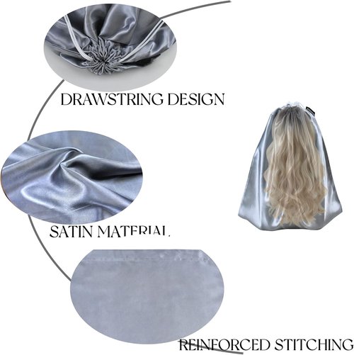 GONGKANGYUAN Satin Wig Bags - 12 Pcs Drawstring Pouches for Hair Extensions & Wigs | Soft Silk Storage (Grey)