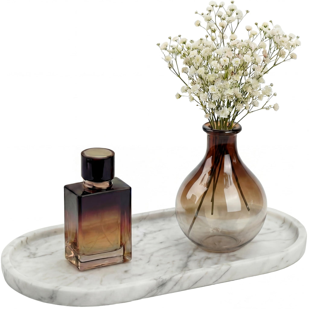 YKAJO 11.6" x 5.9" Oval Real Marble Tray for Bathroom & Kitchen Counter — 100% Natural Stone Decorative Vanity Tray for Dresser & Perfume — Heavy Catchall Organizer for Soap & Jewelry, White Gray