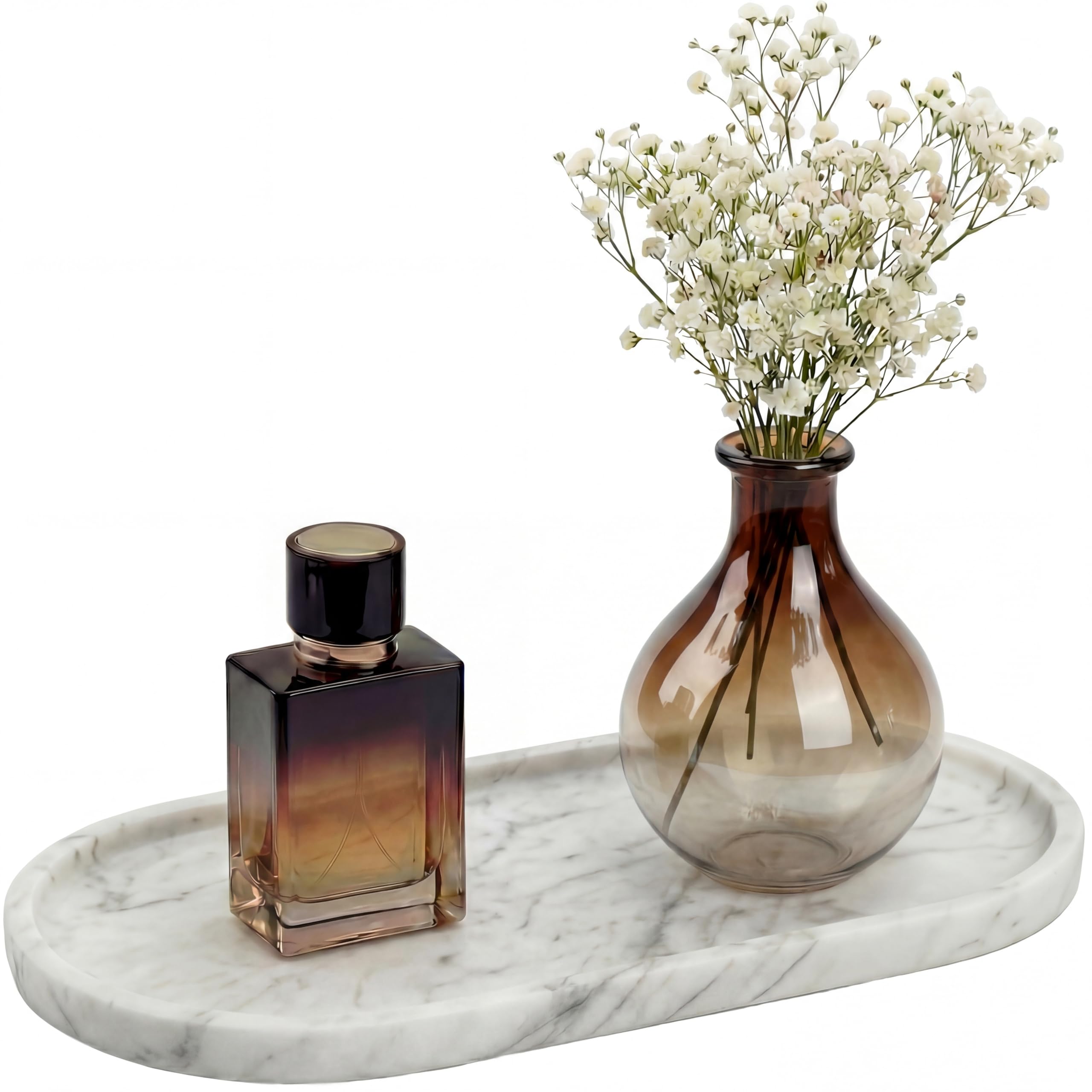 YKAJO 11.6" x 5.9" Oval Real Marble Tray for Bathroom & Kitchen Counter — 100% Natural Stone Decorative Vanity Tray for Dresser & Perfume — Heavy Catchall Organizer for Soap & Jewelry, White Gray