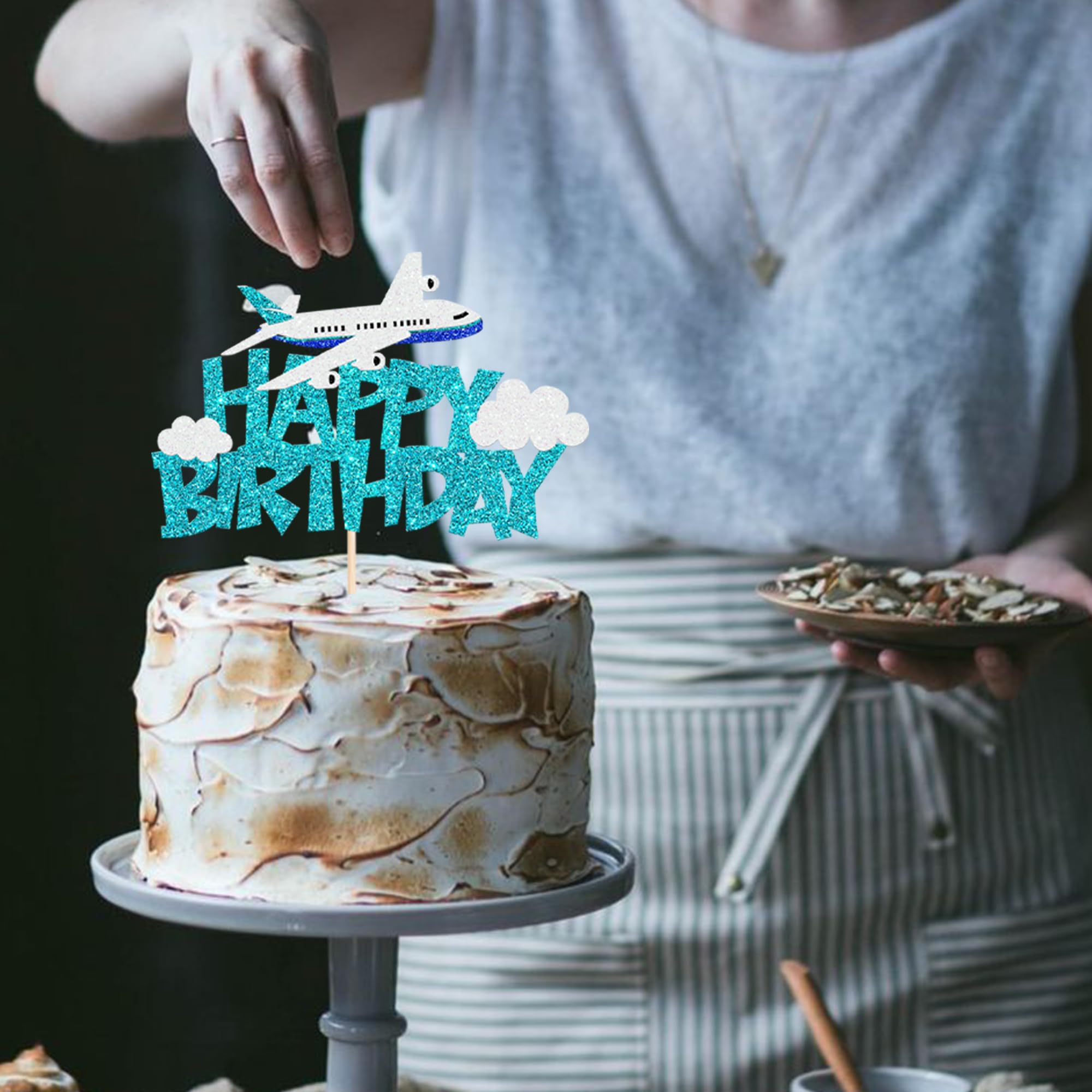 1 Pack Airplane Birthday Cake Topper Blue Airplane Happy Birthday Cake Pick Decoration for Plane Travel Airman Theme birthday baby shower Boys Girls Kids Cake Decorations Supplies