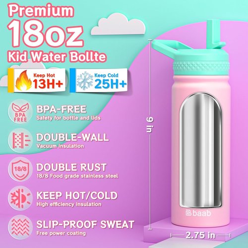Baab Insulated Kids Water Bottle - 18oz Stainless Steel with Straw & Stickers | Pink & Purple, 2 Pack