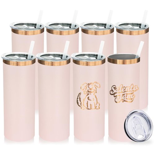 Metalya 20 oz Skinny Tumblers Bulk 8 Pack, Stainless Steel Insulated Tumbler with Lids and Straws, Slim Double Wall Powder Coated Travel Coffee Mugs Reusable Cup for Hot Cold Drinks (Pink,8 pack)