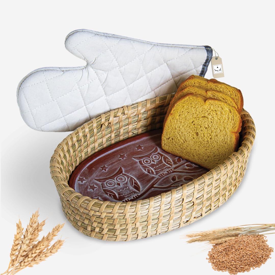 Bread Warmer Basket with Terracotta Stone – Includes Oven Mitts – Keeps Bread Warm – Rustic Gift for Holidays, Housewarming, Dinner Parties – Handwoven Natural Look – Kitchen Table Accessory