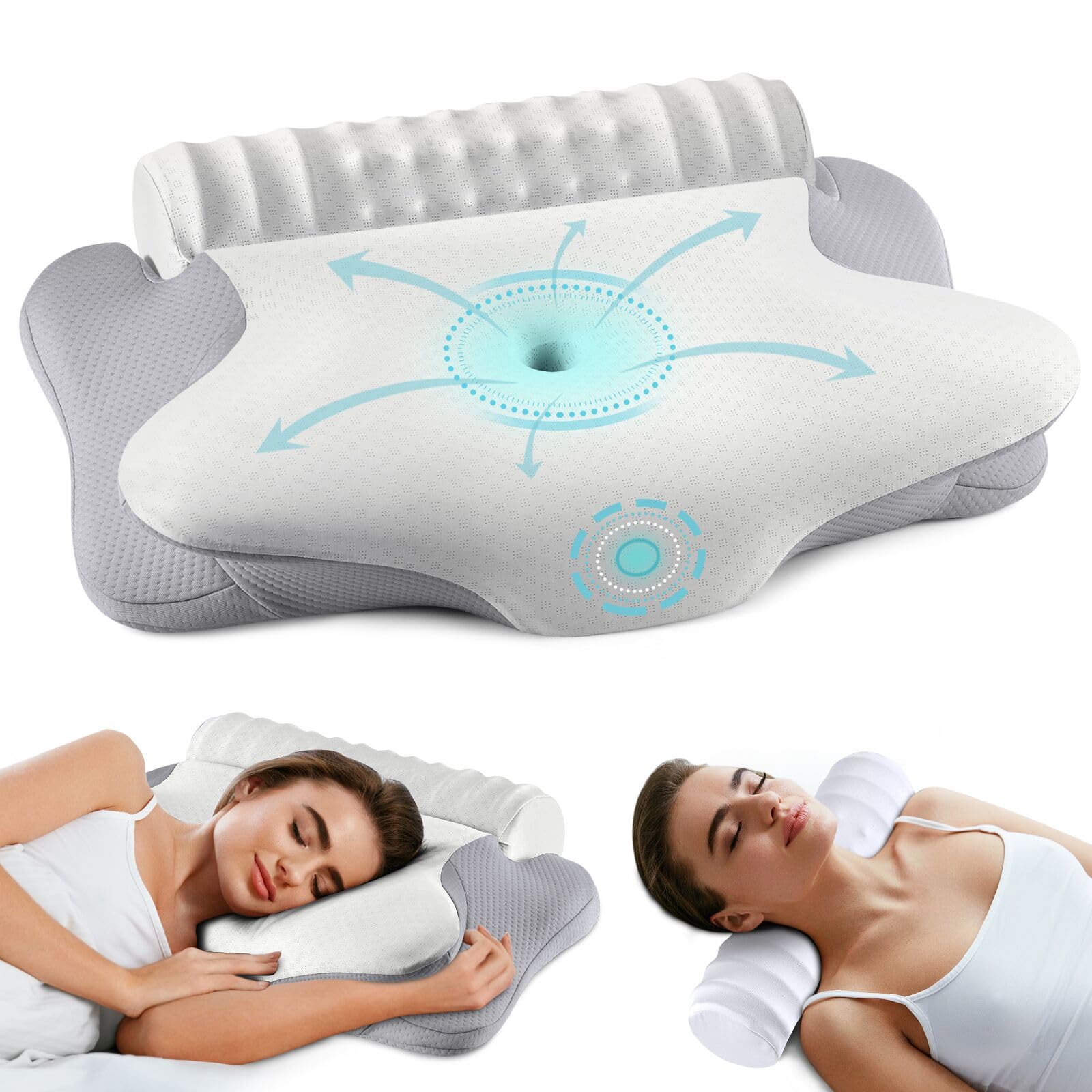 onesmile Cervical and Roll Neck Pillow - 2 in 1 Ergonomic Pillows, Neck Support Pillow for Sleeping, Memory Foam Pillows for Side, Back & Stomach Sleepers (Grey)