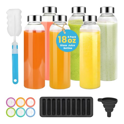 PROBTTL 18 oz Glass Juice Bottles with Lids – Refillable Clear Glass Water Bottles with Stainless Steel Airtight Caps, Dishwasher Safe, Reusable Drinking Juice Containers (6-Pack, No Sleeves)