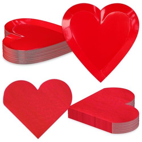 Valentine's Day Party Decorations, Disposable 9" Paper Plates and 3 Ply Napkins Heart Shaped Love for Wedding Engagement Valentine's Day, Bridal Shower, Mother's Day, Birthday Party, 50 Count / Red