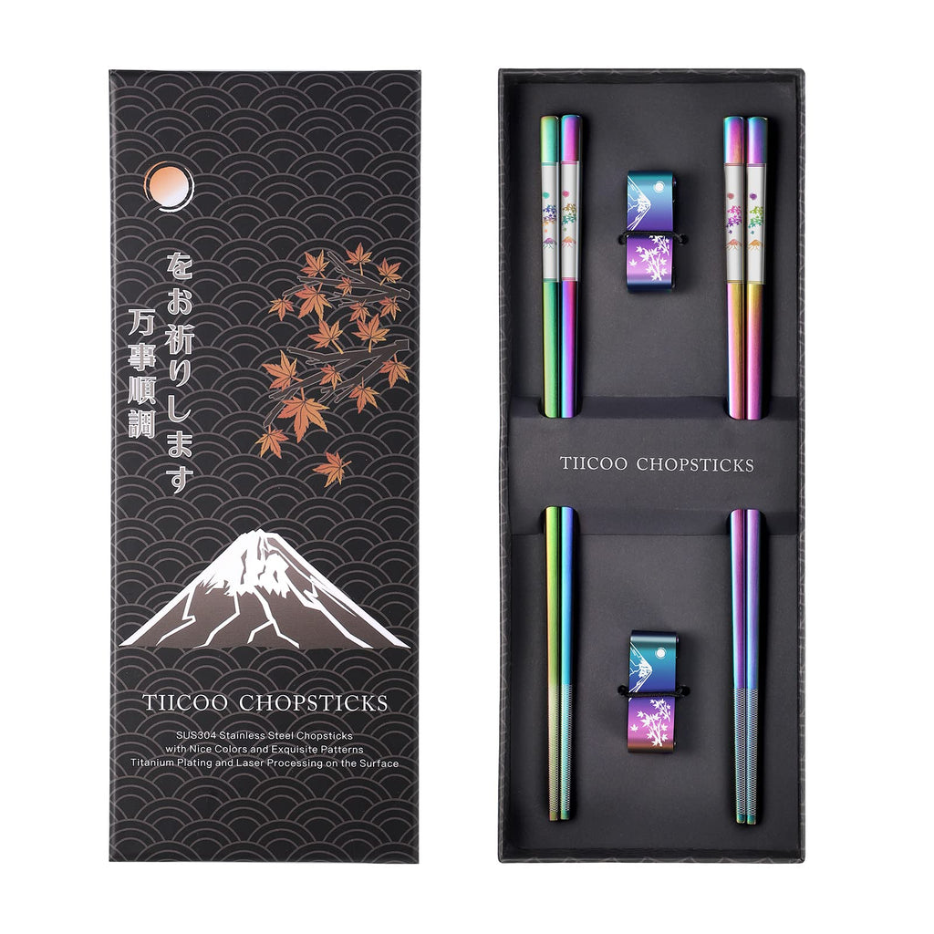 TIICOO Metal Chopsticks Reusable 2 Pairs Titanium Plated 18/8 Stainless Steel Chopsticks with Holder, Dishwasher Safe Non-Slip Japanese Style Laser Engraved Chop Sticks Gift Set (Rainbow)