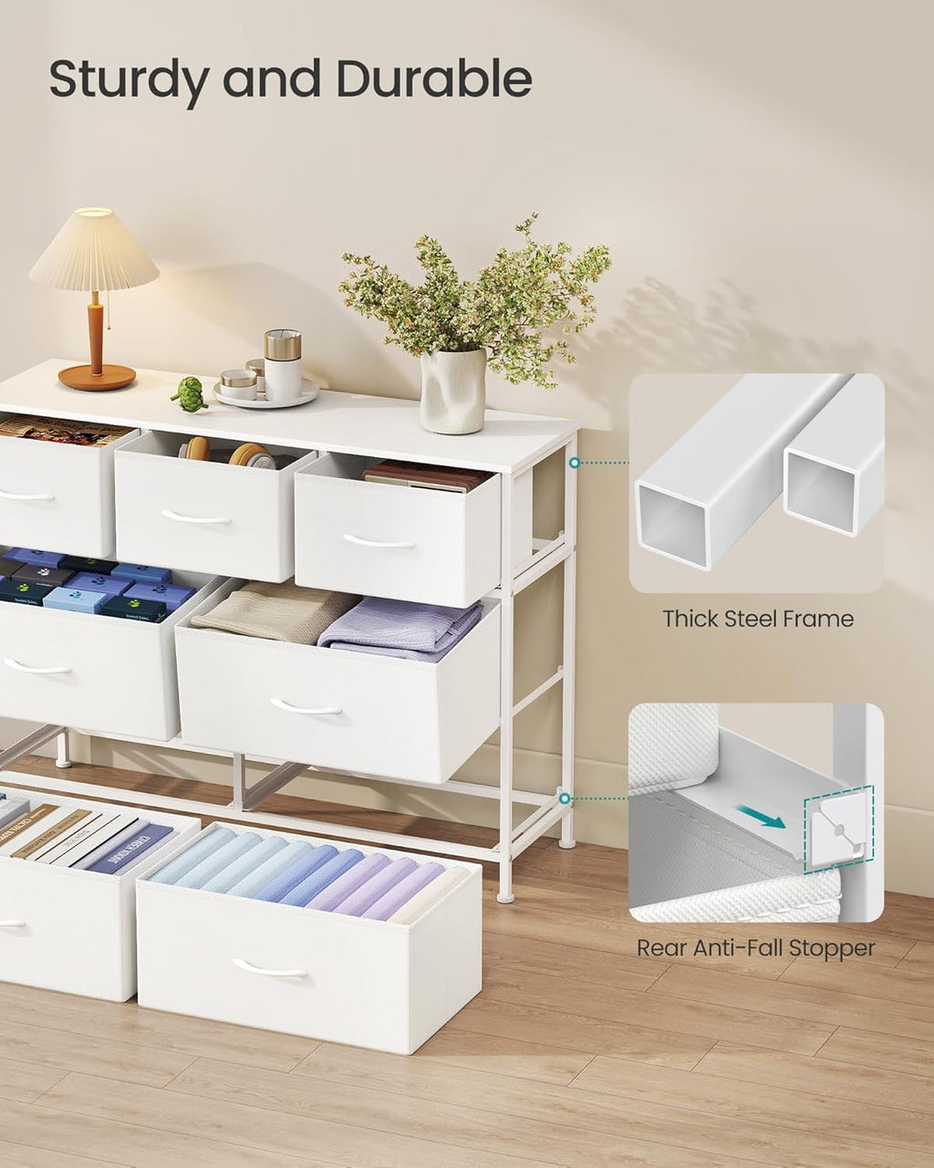 SONGMICS Dresser - Stylish Chest of Drawers with 7 Non-Woven Fabric Bins | Cloud White & Snow White