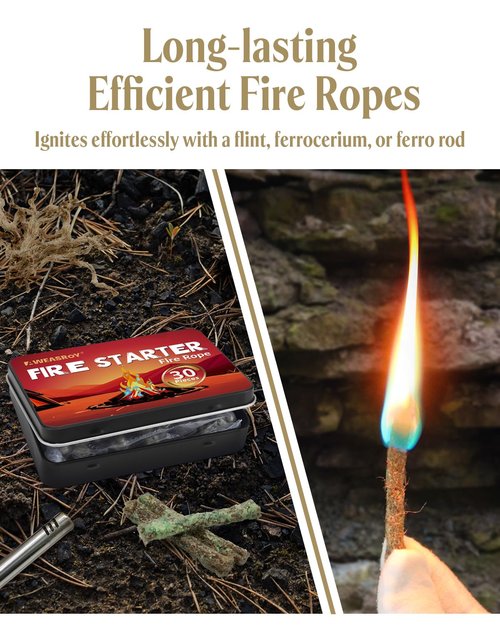 AWEASROY Fire Rope Blue Flame(30-Pack) Windproof Fire Starter, Long-Lasting, Bright Blue Flame Survival Fire Starters - Fast Igniting Fire Rope for Camping