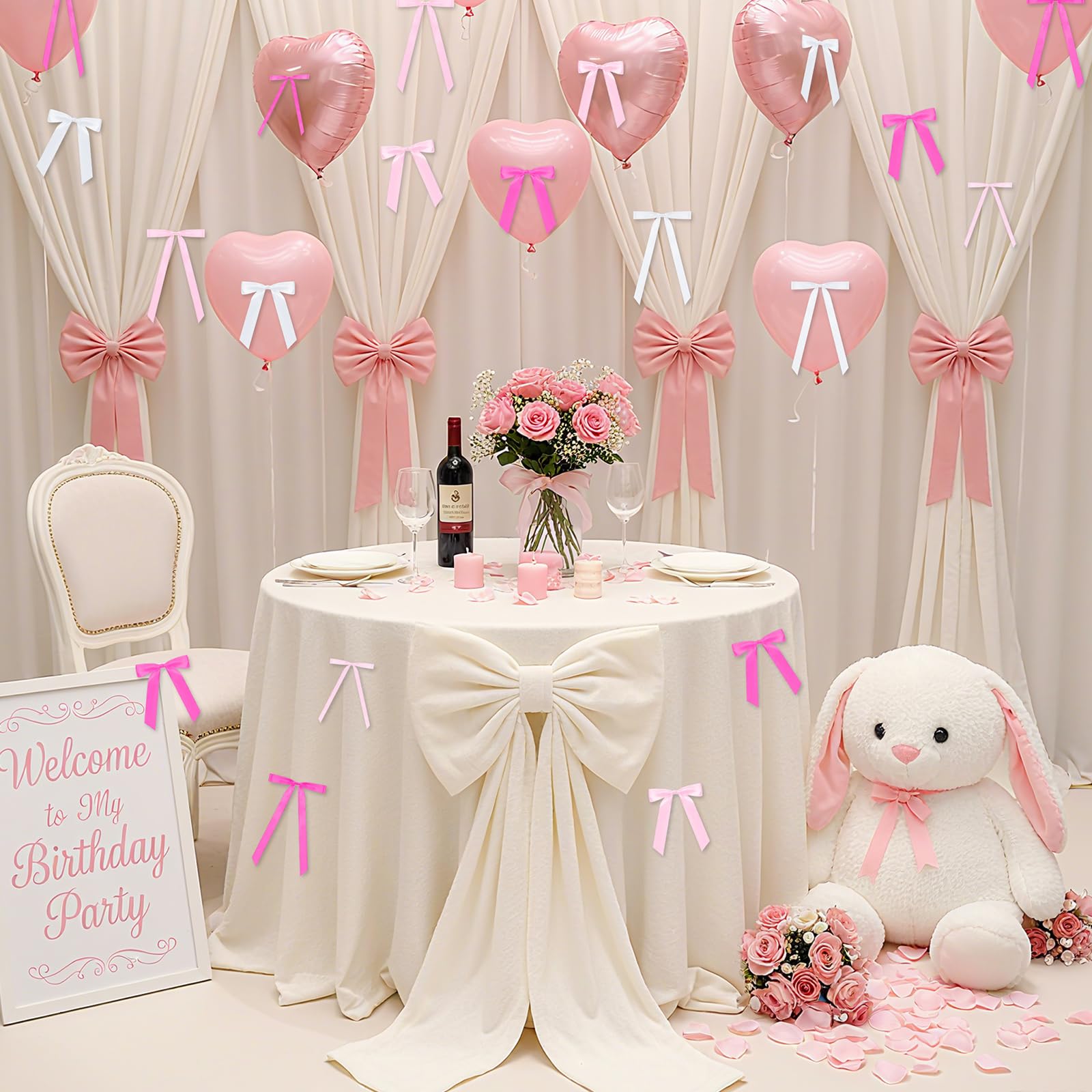 Suncalla 60 Pcs Bow Wall Decor, DIY Bows Party Decorations, Satin Ribbon Bow Garland Photo Backdrop for Birthday Baby Shower Bridal Shower Bachelorette Wedding Party Decor(Pink Series)