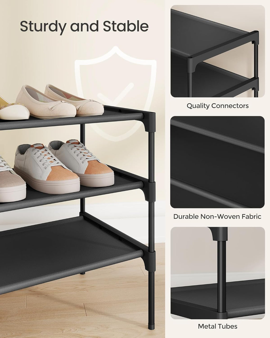 SONGMICS 3-Tier Shoe Rack - Space-Saving Organizer with Metal Frame & Non-Woven Fabric Shelves | Ink Black, 11.7 x 24.5 x 21 Inches
