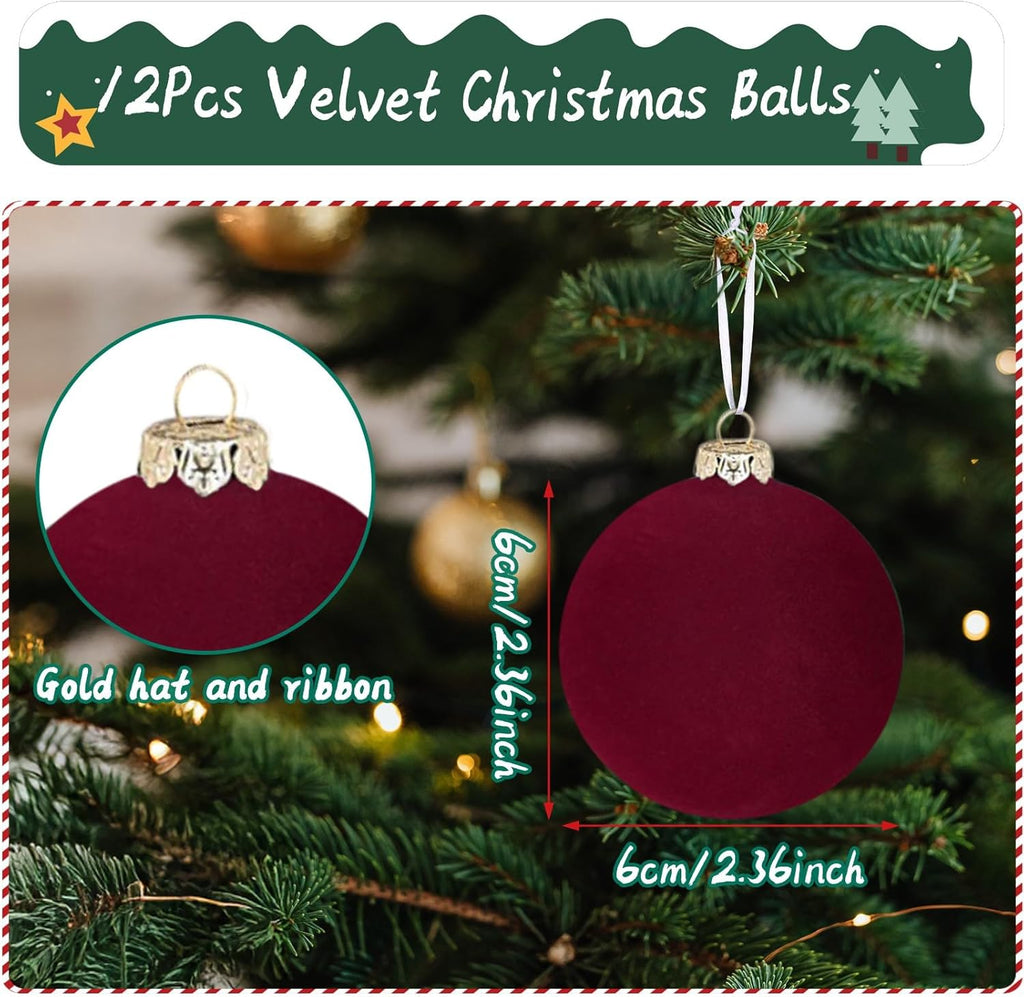 Skiennix 12PCS Velvet Christmas Tree Ornaments - 2.4-Inch Shatterproof Burgundy Balls for Holiday Decor