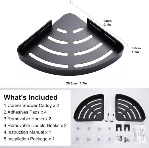DUFU Adhesive Corner Shower Caddy - Rust Proof Aluminum Bathroom Organizer | No Drilling, 2 Pack (Black)