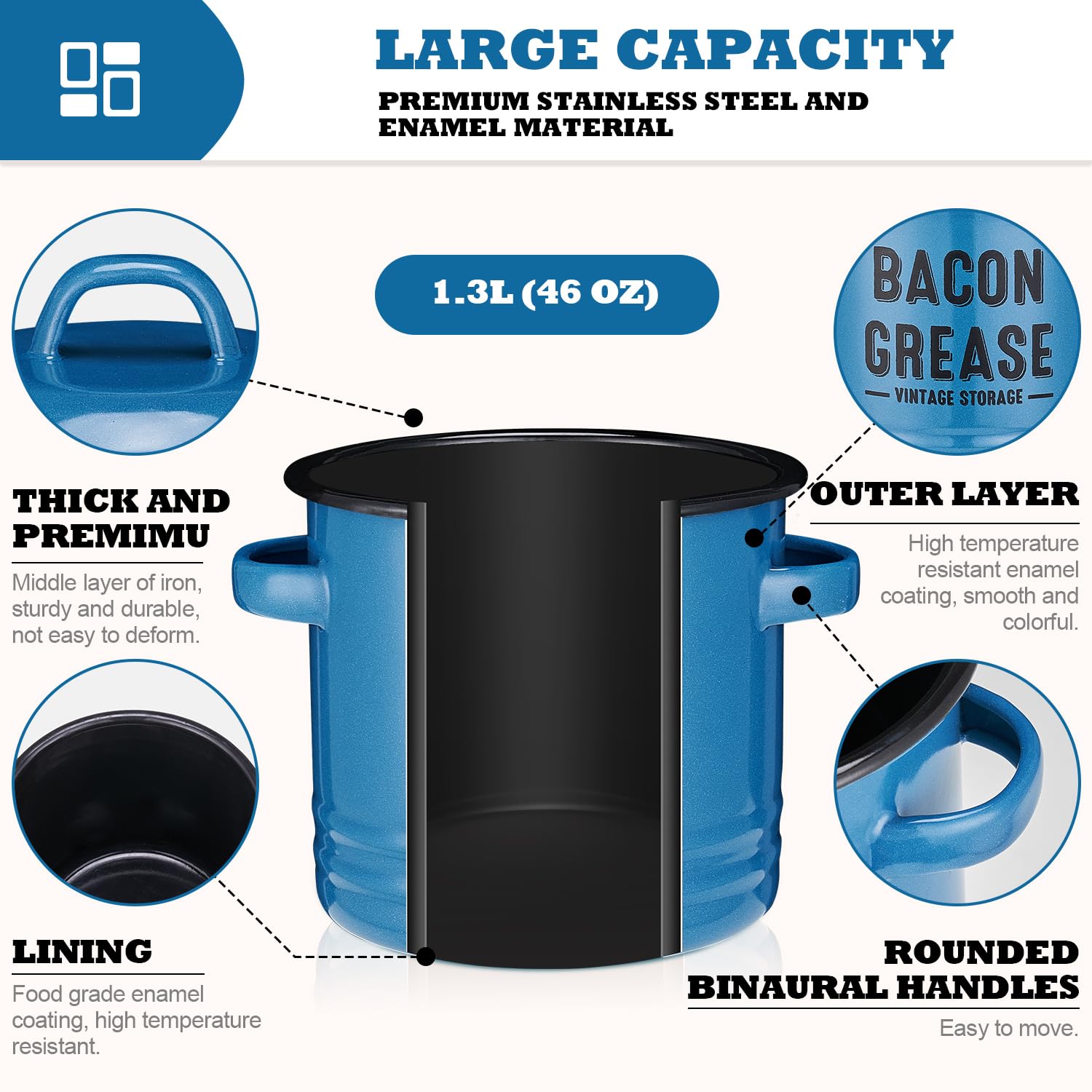 ONEARF Bacon Grease Container with Strainer - Large 46OZ Kitchen Oil Storage Can, Food Saver Bin with Lid | Farmhouse Cooking Pot Keeper Collector, Dishwasher Safe - Blue