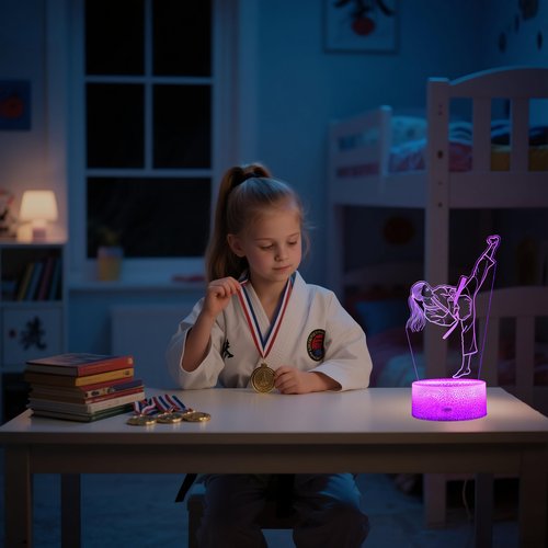 POSSHE Karate Girl Night Light, Karate Gifts, Taekwondo 3D Illusion Lamp with 16 Colors Changing, Timer, 4 Flash Modes and Dimmable, Kids Girls Room Decoration, Holiday Xmas Gifts