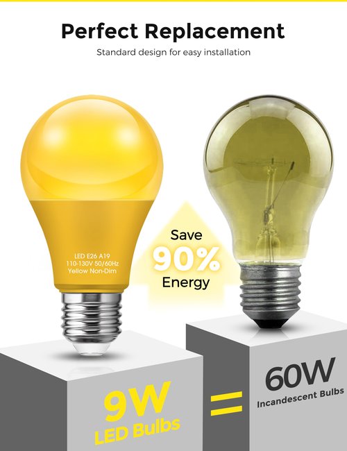 DORESshop Yellow Light Bulbs, Bug Lights for Outside, A19 Bug Light Bulbs 9W (60 Watt Equivalent) Amber Porch Light Bulb, Non-Attracting, E26 Base, Ideal for Patio, Backyard, Not-Dimmable, 2 Pack