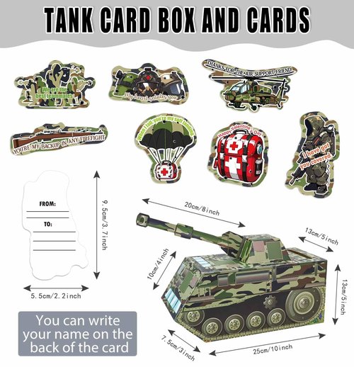 HEIPINIUYE Valentines Cards for Kids 3D Camo Tank Valentines Day Box for Kids Classroom School Gift Exchange Camouflage Army Party Supplies Valentine Mailbox with 35 Military Valentine Cards