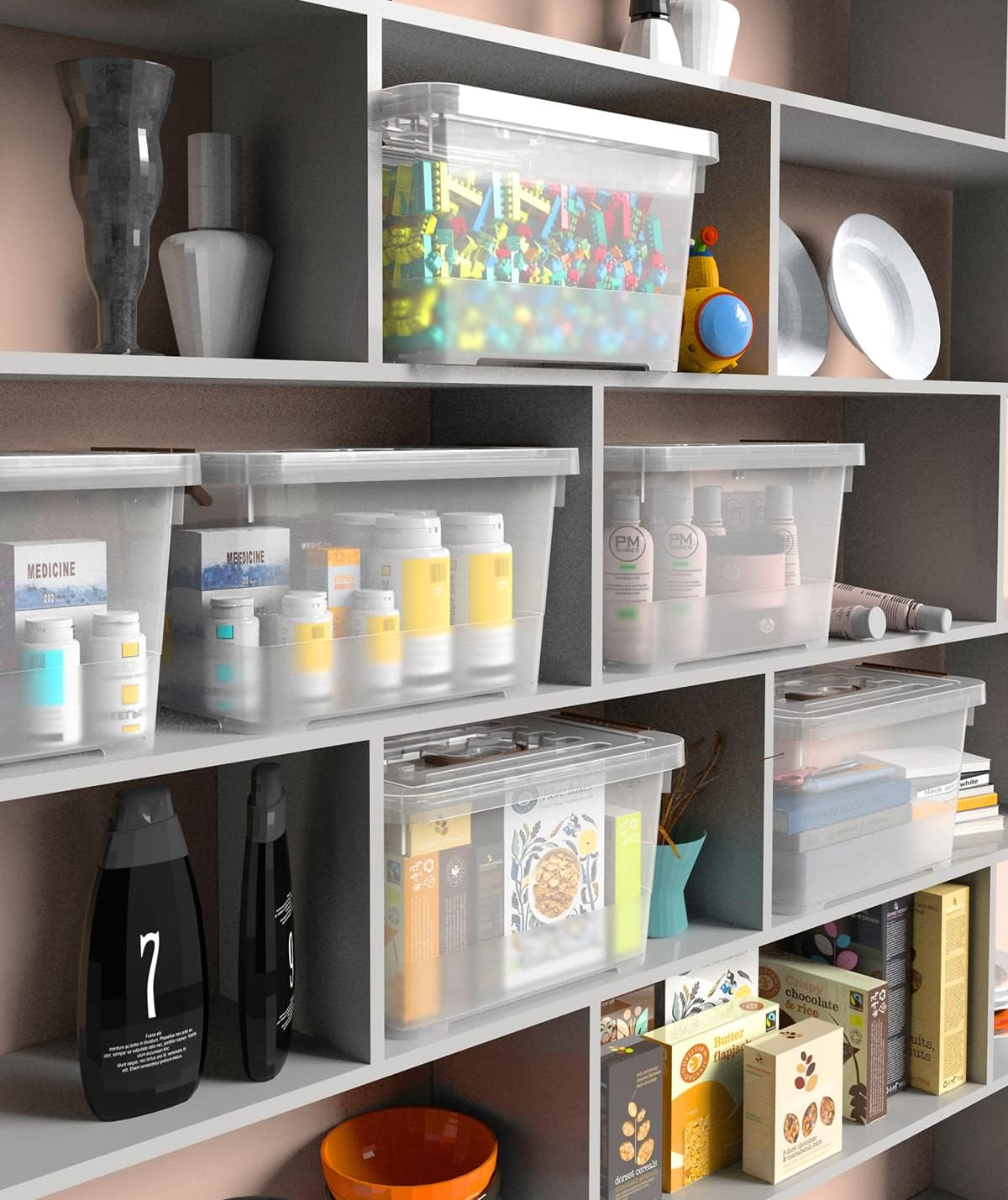 WYT 7 Quart Clear Storage Bins - Stackable Plastic Latch Boxes with Brown Handle | 6-Pack