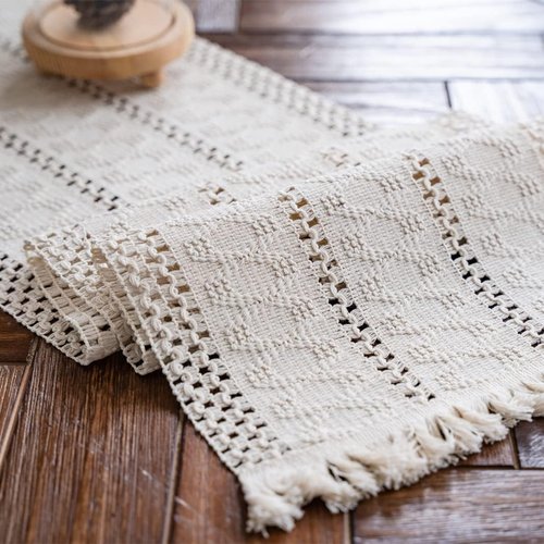 Alynsehom Macrame Table Runner Cream Beige Boho Table Runners with Tassels Hand Woven Cotton Table Runner Rustic Farmhouse Table Runners for Bohemian Kitchen Dining Table(12x60in)