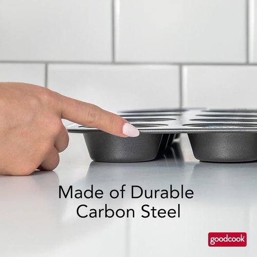 GoodCook PRO Muffin Pan Nonstick Cupcake Pan, Warp & Scratch-Resistant Dishwasher-Safe Carbon Steel Construction for Even Baking With or Without Liners, 12-Cup, Gray
