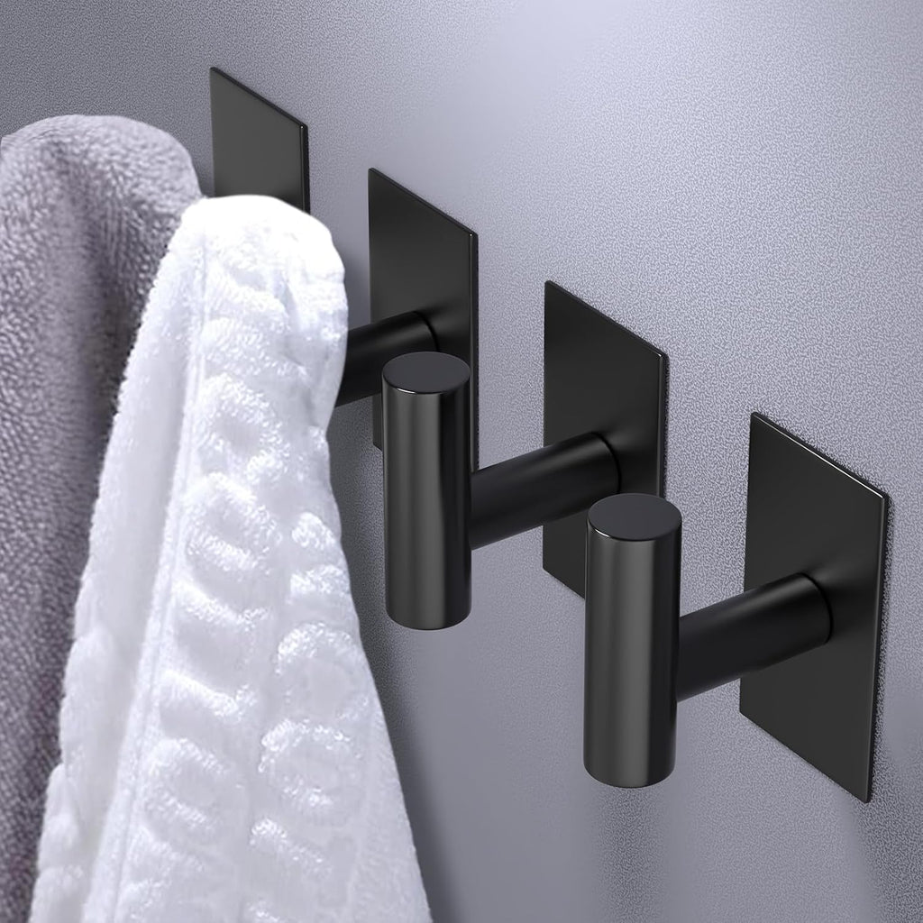 VAEHOLD Wall Towel Hooks - Heavy Duty Waterproof Sticky Holders for Coats & Clothes | Black, 2 Pack