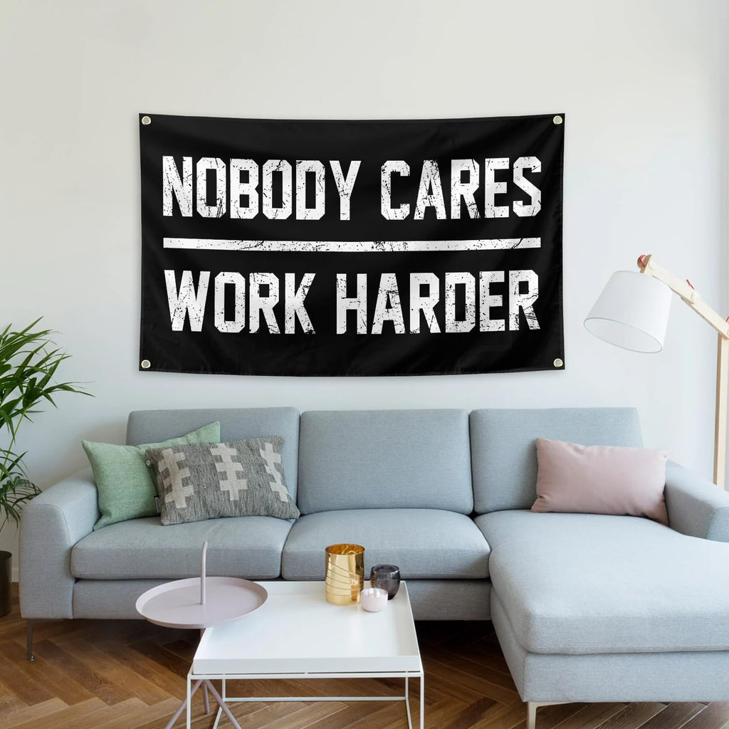 Nobody Cares Work Harder Motivational Gym Banner 3x5 Feet With 4 Brass Gaskets Tapestry Flag.Inspire Your Fitness Wall Decor.